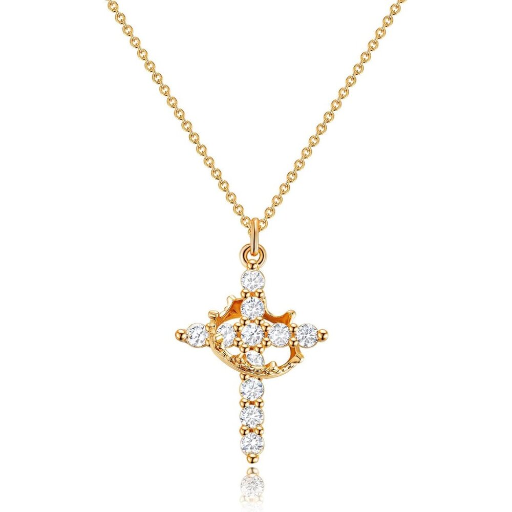 Valentines Day Gifts Upgraded Crown Cross Necklace for Women, 14K Gold Plated Cr